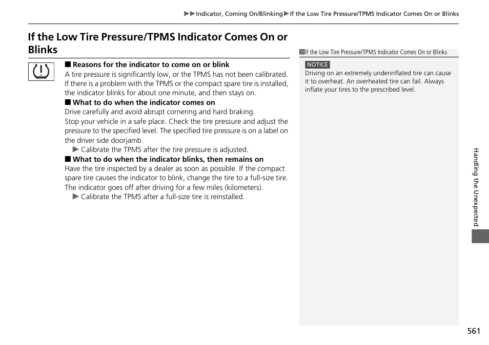 If the low tire pressure/tpms indicator, Comes on or blinks | HONDA 1984 Accord Sedan - Owner's Manual User Manual | Page 562 / 593