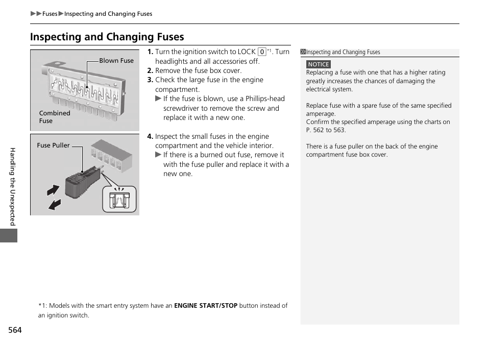 Inspecting and changing fuses, Inspecting and changing fuses p. 564 | HONDA 1984 Accord Sedan - Owner's Manual User Manual | Page 565 / 593