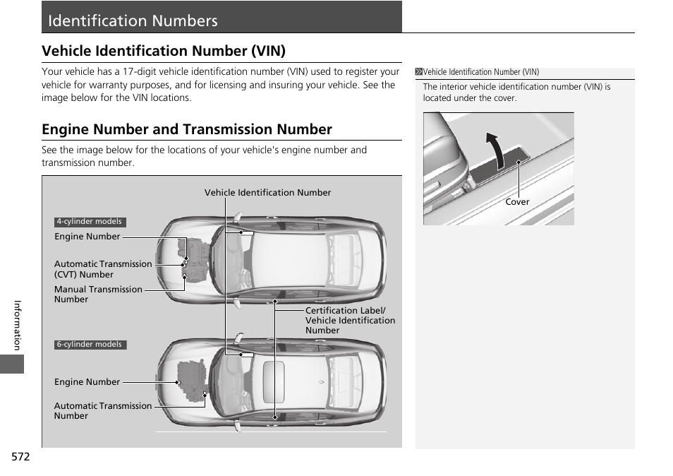 Identification numbers p. 572, Identification numbers, Vehicle identification number (vin) | Engine number and transmission, Number, Engine number and transmission number | HONDA 1984 Accord Sedan - Owner's Manual User Manual | Page 573 / 593