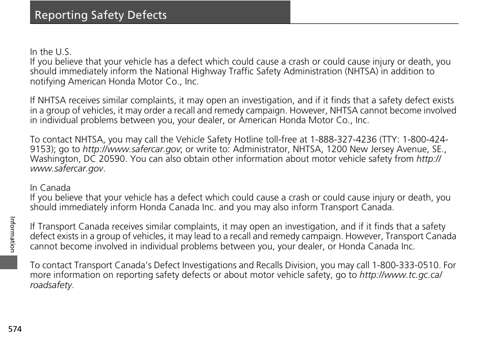 Reporting safety defects p. 574, Reporting safety defects | HONDA 1984 Accord Sedan - Owner's Manual User Manual | Page 575 / 593