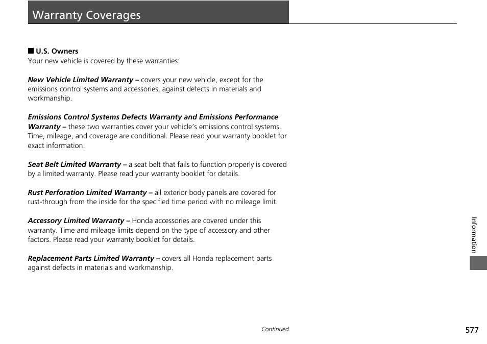 Warranty coverages | HONDA 1984 Accord Sedan - Owner's Manual User Manual | Page 578 / 593