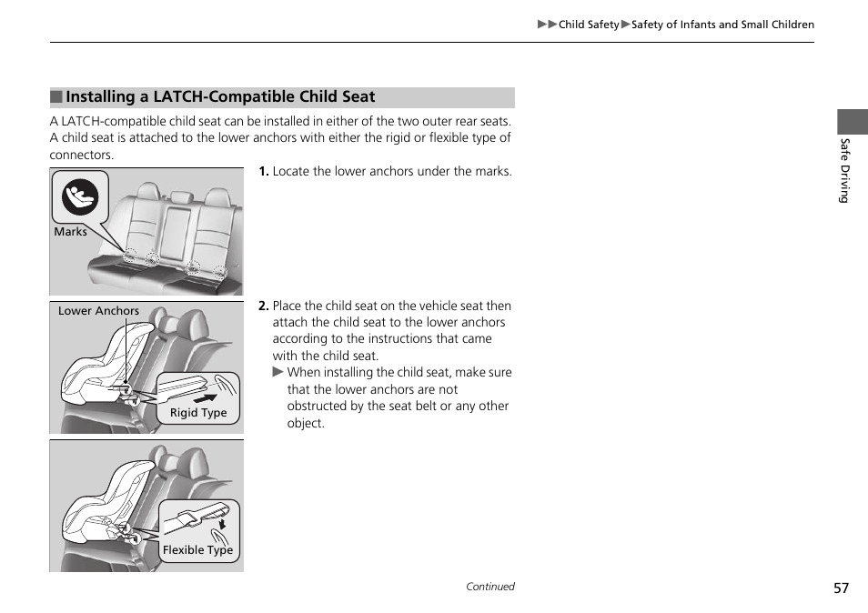 P 57), Installing a latch-compatible child seat | HONDA 1984 Accord Sedan - Owner's Manual User Manual | Page 58 / 593