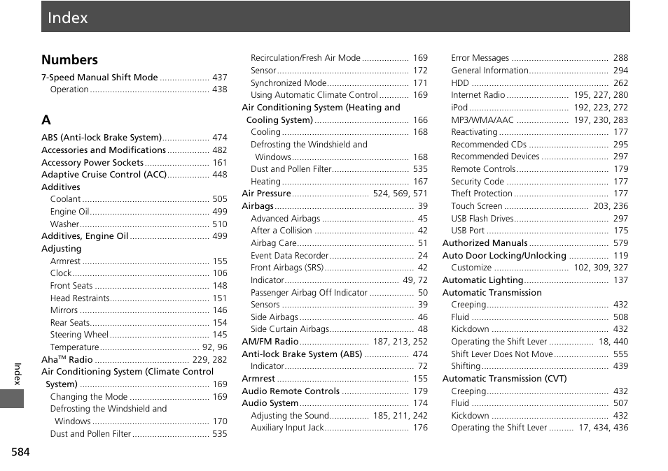 Index, Index numbers | HONDA 1984 Accord Sedan - Owner's Manual User Manual | Page 585 / 593