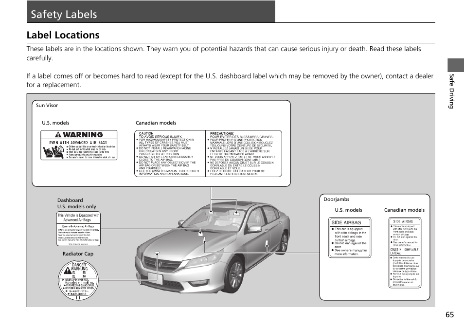 Safety labels p. 65, Safety labels, Label locations | HONDA 1984 Accord Sedan - Owner's Manual User Manual | Page 66 / 593