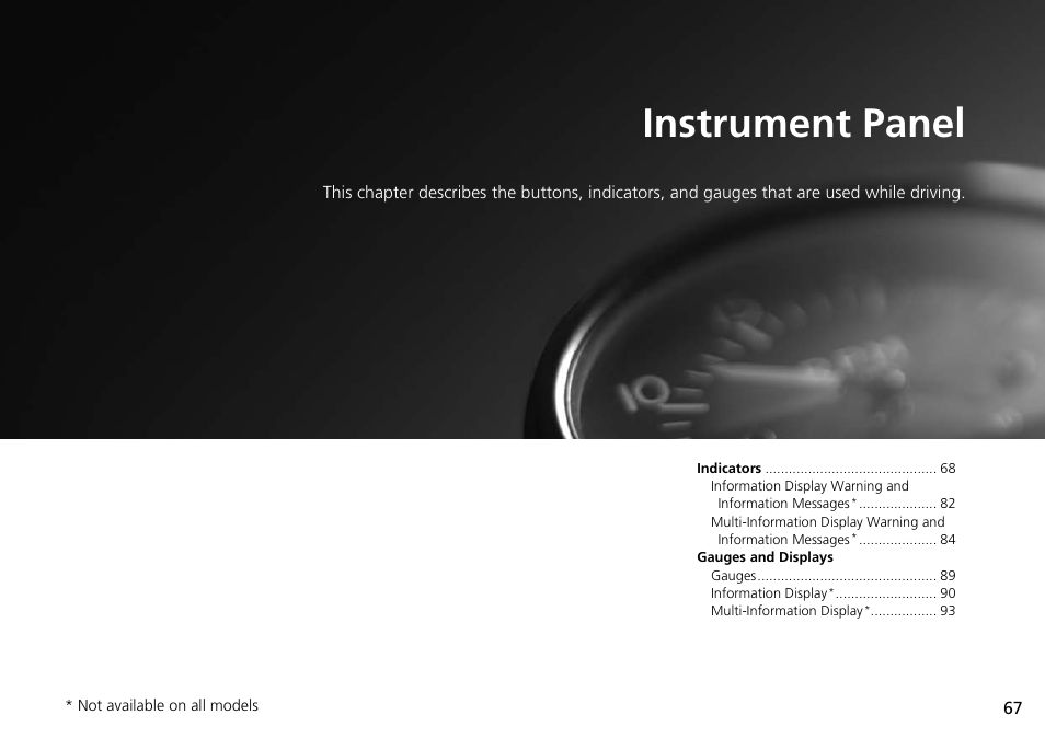 Instrument panel, P 67) | HONDA 1984 Accord Sedan - Owner's Manual User Manual | Page 68 / 593