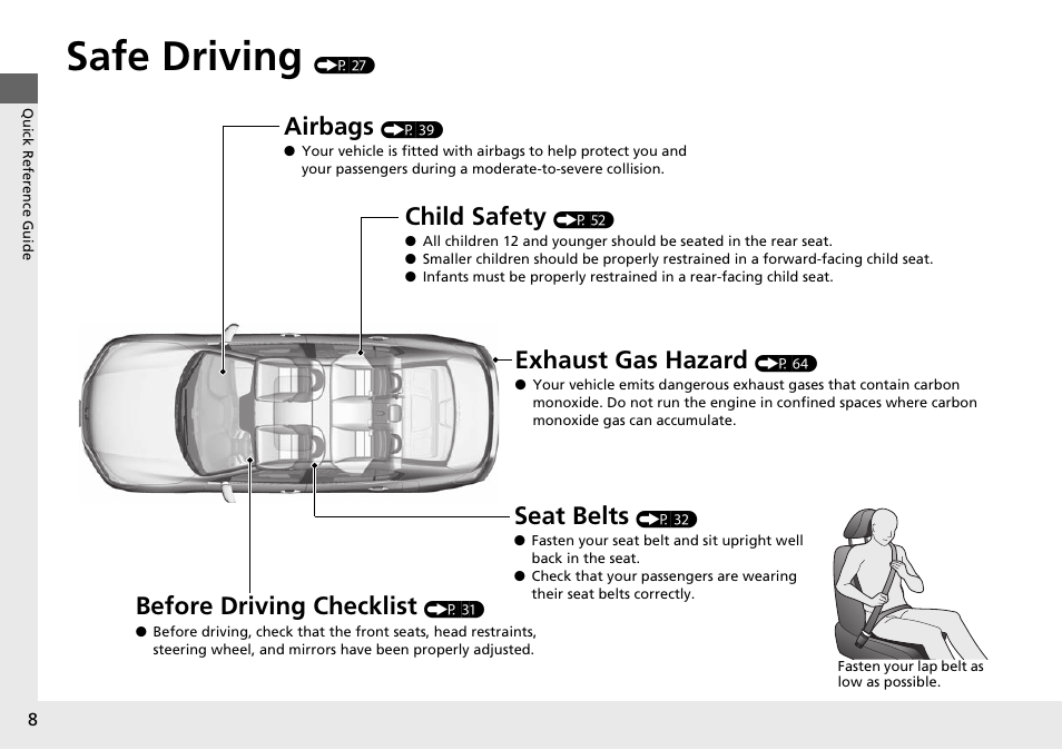 Safe driving (p 27), Safe driving, Airbags | Child safety, Exhaust gas hazard, Before driving checklist, Seat belts | HONDA 1984 Accord Sedan - Owner's Manual User Manual | Page 9 / 593