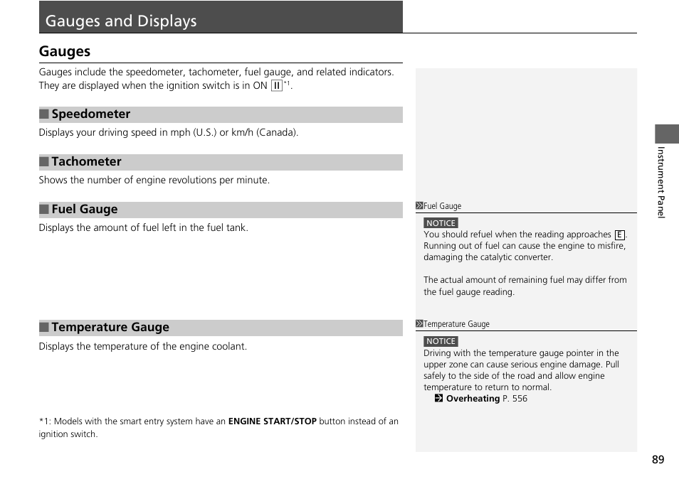 Gauges and displays, P 89), Gauges | HONDA 1984 Accord Sedan - Owner's Manual User Manual | Page 90 / 593