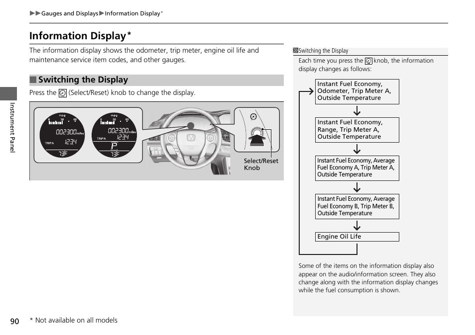 P 90), P 90, Information display | Switching the display | HONDA 1984 Accord Sedan - Owner's Manual User Manual | Page 91 / 593