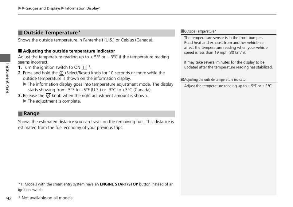 Outside temperature, Range | HONDA 1984 Accord Sedan - Owner's Manual User Manual | Page 93 / 593