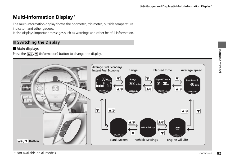 P 93), Multi-information display, Switching the display | HONDA 1984 Accord Sedan - Owner's Manual User Manual | Page 94 / 593