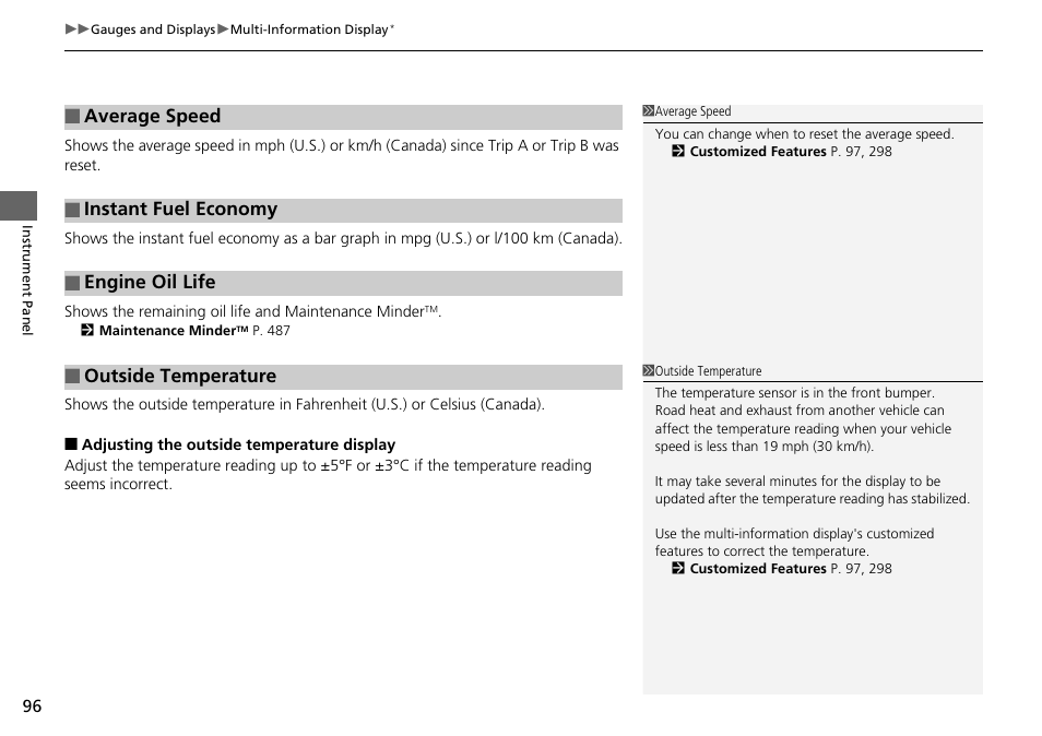 Average speed, Instant fuel economy, Engine oil life | Outside temperature | HONDA 1984 Accord Sedan - Owner's Manual User Manual | Page 97 / 593