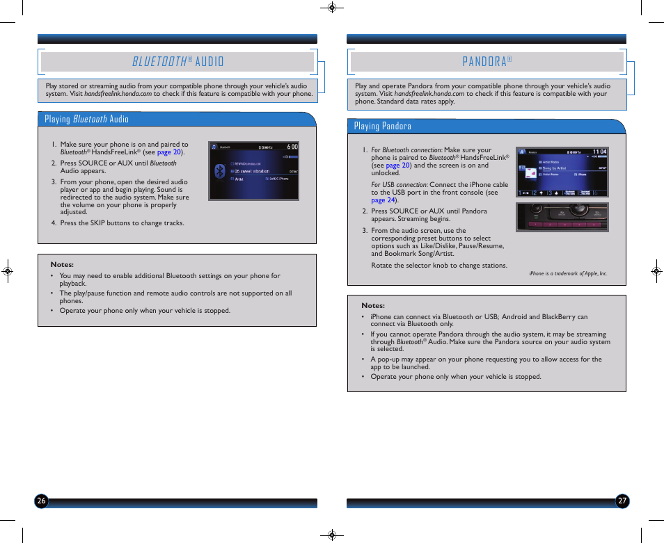 Bluetooth, Audio, Pandora | Playing bluetooth audio, Playing pandora | HONDA 2014 Accord Hybrid (Base) - Technology Reference Guide User Manual | Page 15 / 16