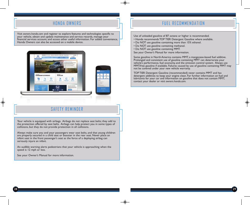 Honda owners, Fuel recommendation, Safety reminder | HONDA 2014 Accord Hybrid (Base) - Technology Reference Guide User Manual | Page 16 / 16