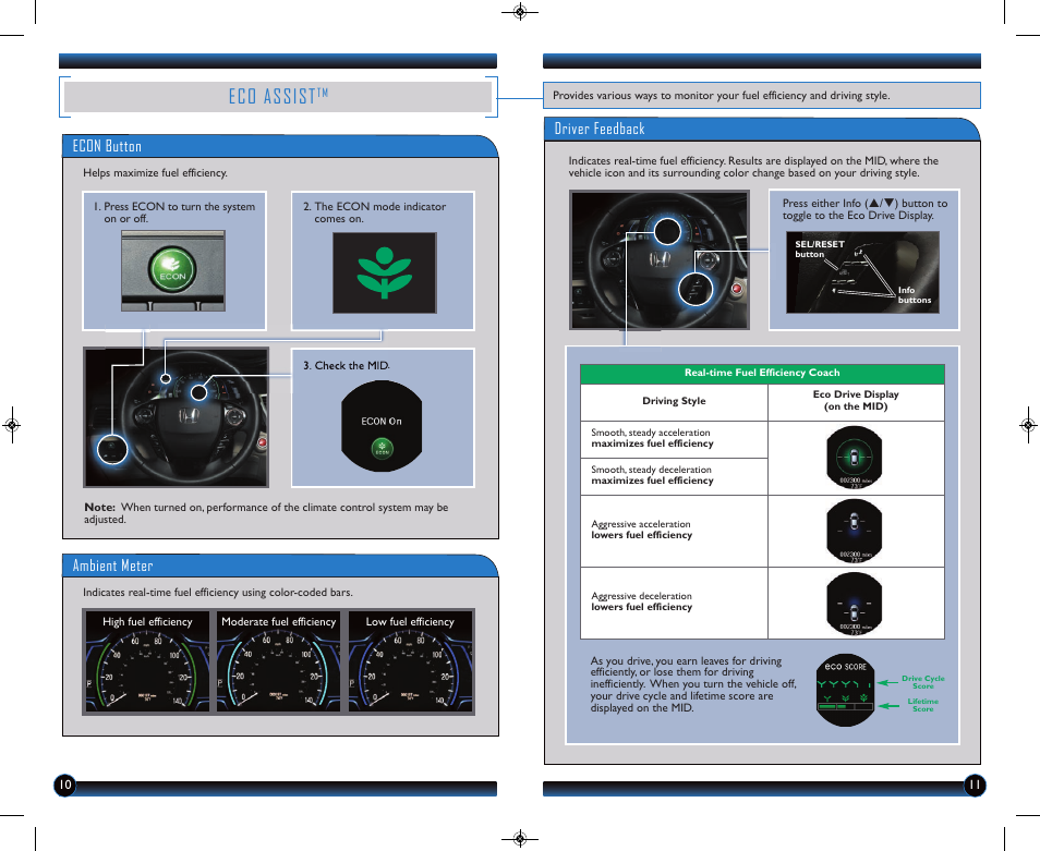 P.10, Eco assist, Driver feedback | Econ button, Ambient meter | HONDA 2014 Accord Hybrid (Base) - Technology Reference Guide User Manual | Page 7 / 16