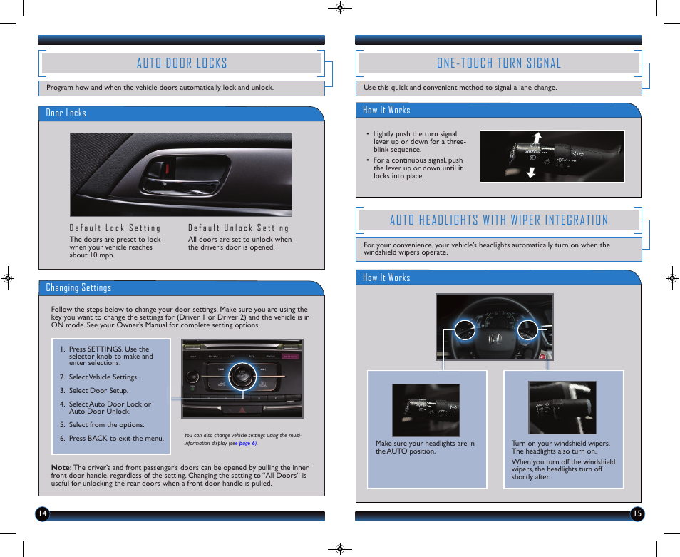 Auto door locks, One-touch turn signal, Auto headlights with wiper integration | HONDA 2014 Accord Hybrid (Base) - Technology Reference Guide User Manual | Page 9 / 16