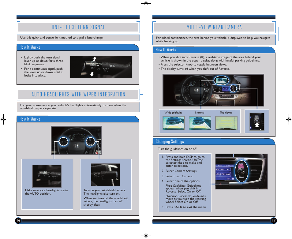 One-touch turn signal, Auto headlights with wiper integration, Multi-view rear camera | HONDA 2014 Accord Hybrid (EX-L) - Technology Reference Guide User Manual | Page 10 / 18