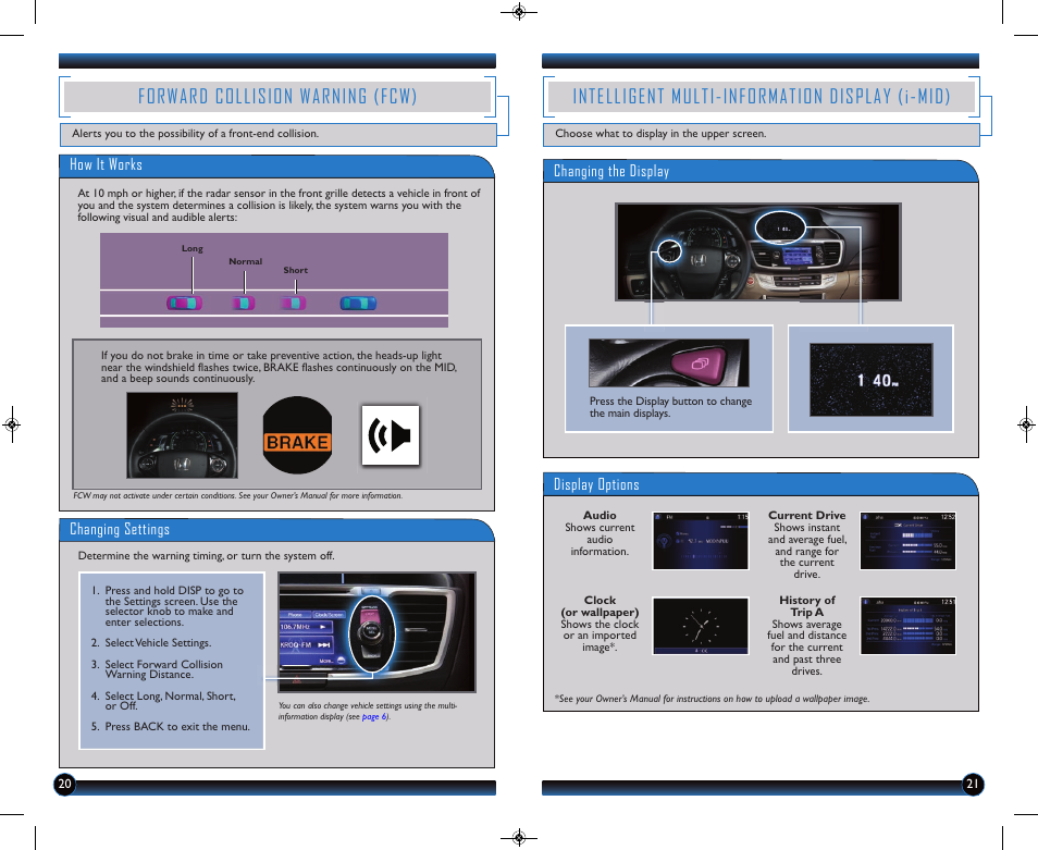 P.21, Forward collision warning (fcw), Intelligent multi-information display (i-mid) | How it works, Changing settings, Display options, Changing the display | HONDA 2014 Accord Hybrid (EX-L) - Technology Reference Guide User Manual | Page 12 / 18