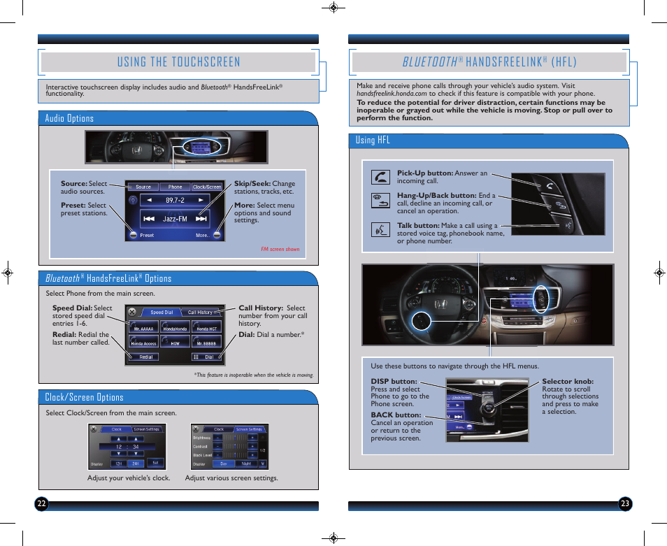 P.22, P.23, Using the touchscreen | Bluetooth, Handsfreelink, Hfl) | HONDA 2014 Accord Hybrid (EX-L) - Technology Reference Guide User Manual | Page 13 / 18