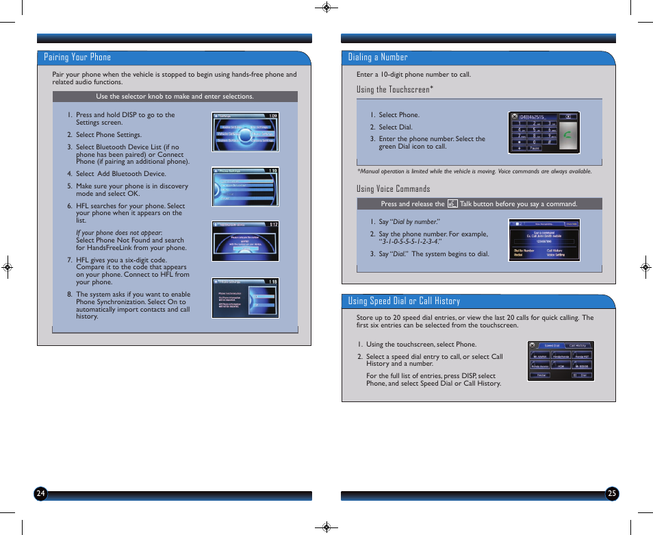 Pairing your phone, Dialing a number, Using speed dial or call history | HONDA 2014 Accord Hybrid (EX-L) - Technology Reference Guide User Manual | Page 14 / 18
