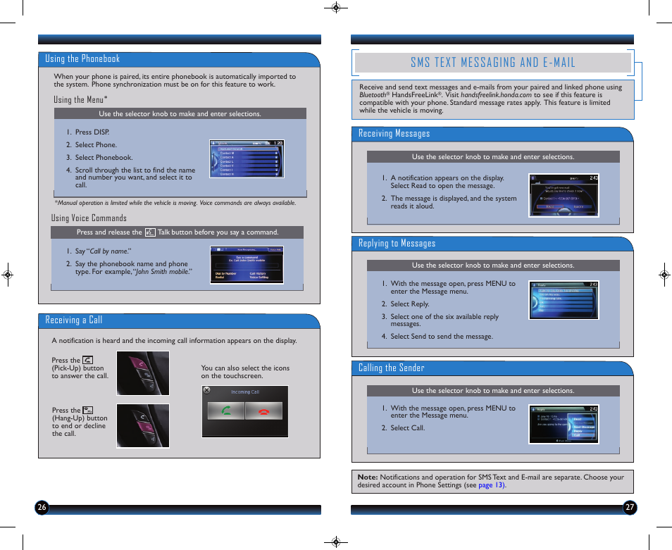 Sms text messaging and e-mail, Using the phonebook, Receiving a call | Receiving messages, Replying to messages, Calling the sender | HONDA 2014 Accord Hybrid (EX-L) - Technology Reference Guide User Manual | Page 15 / 18