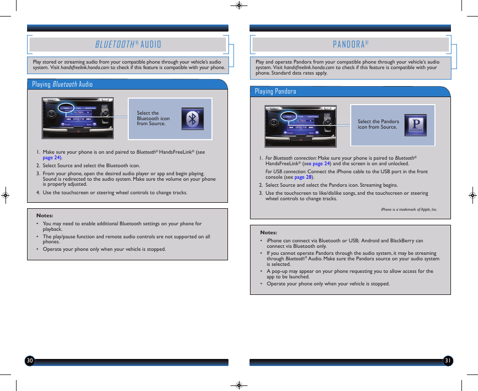 Bluetooth, Audio, Pandora | Playing bluetooth audio, Playing pandora | HONDA 2014 Accord Hybrid (EX-L) - Technology Reference Guide User Manual | Page 17 / 18