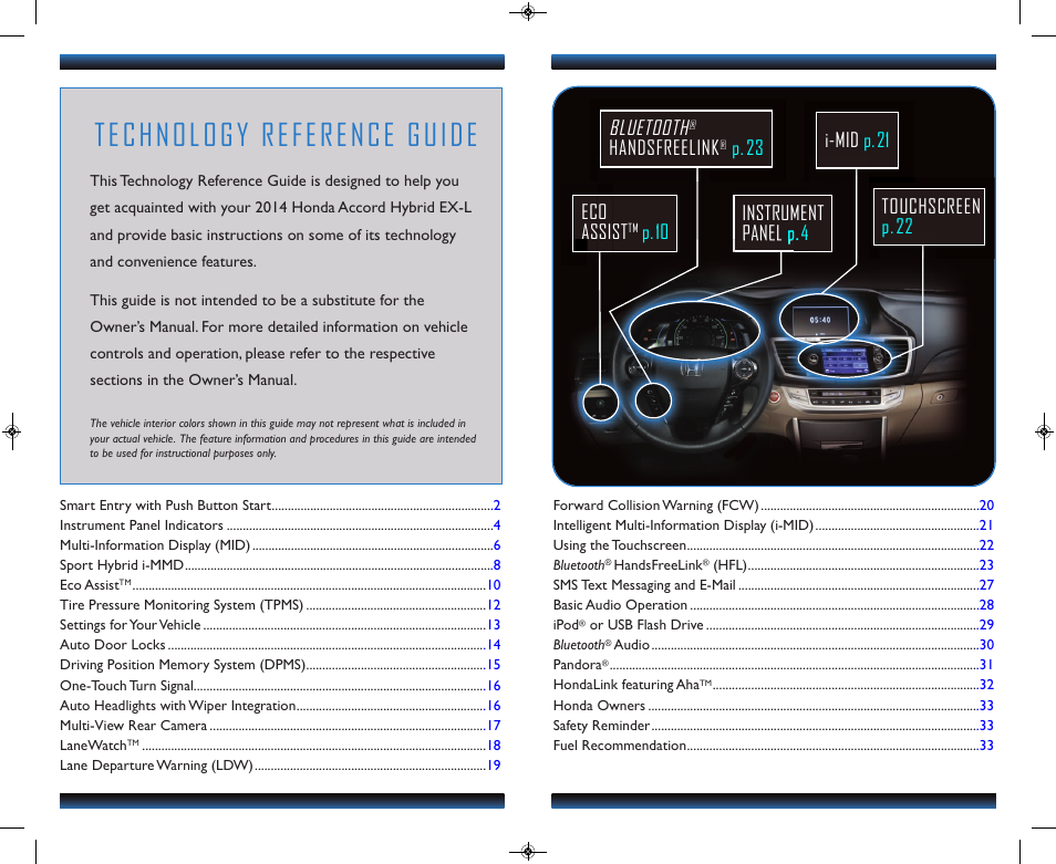 Technology reference guide, Touchscreen p.22 bluetooth, Handsfreelink | P.23 eco assist, P.10 instrument panel p.4, I-mid p.21 | HONDA 2014 Accord Hybrid (EX-L) - Technology Reference Guide User Manual | Page 2 / 18