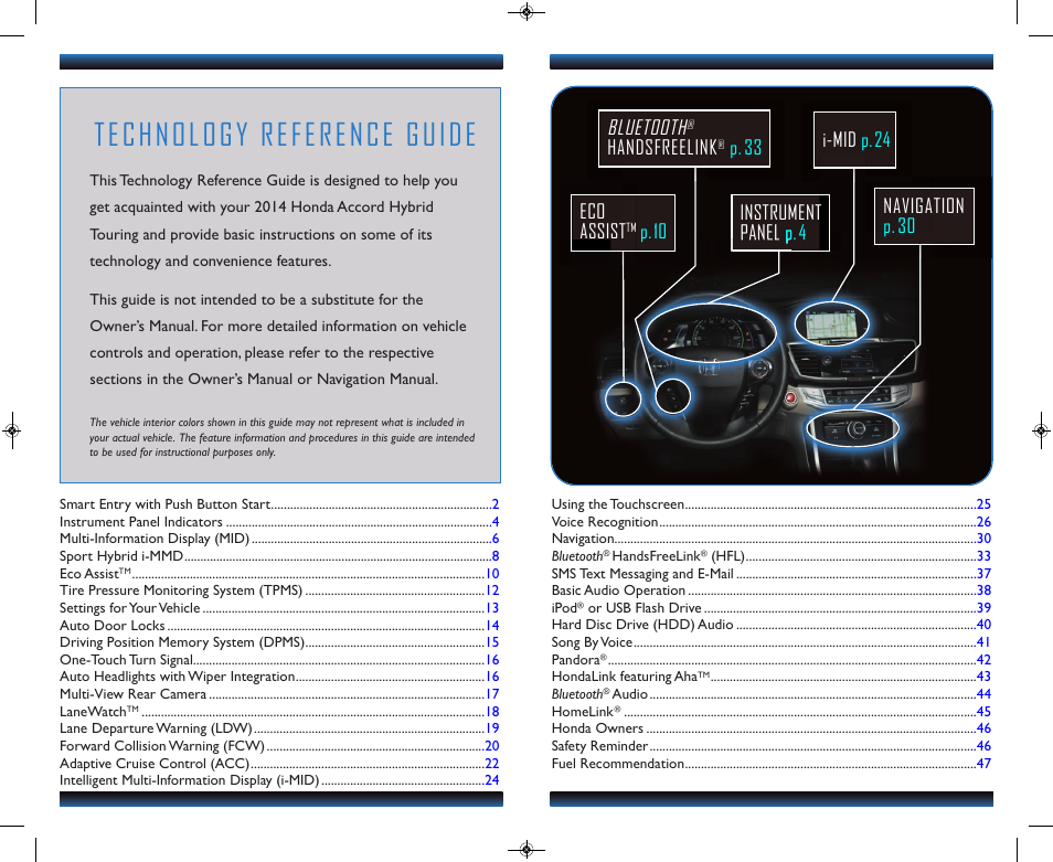 Technology reference guide, Navigation p.30 bluetooth, Handsfreelink | P.33 eco assist, P.10 instrument pane l p.4, I-mid p.24 | HONDA 2014 Accord Hybrid (Touring) - Technology Reference Guide User Manual | Page 2 / 25