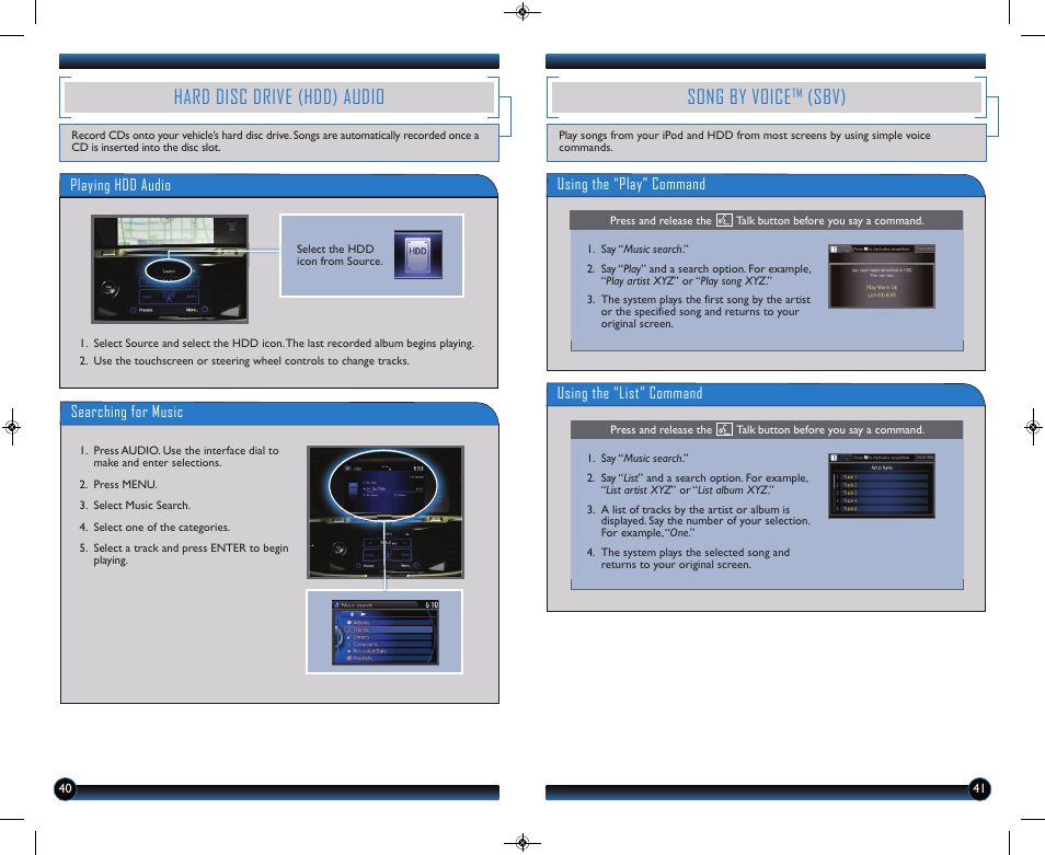 Song by voice, Sbv), Hard disc drive (hdd) audio | HONDA 2014 Accord Hybrid (Touring) - Technology Reference Guide User Manual | Page 22 / 25