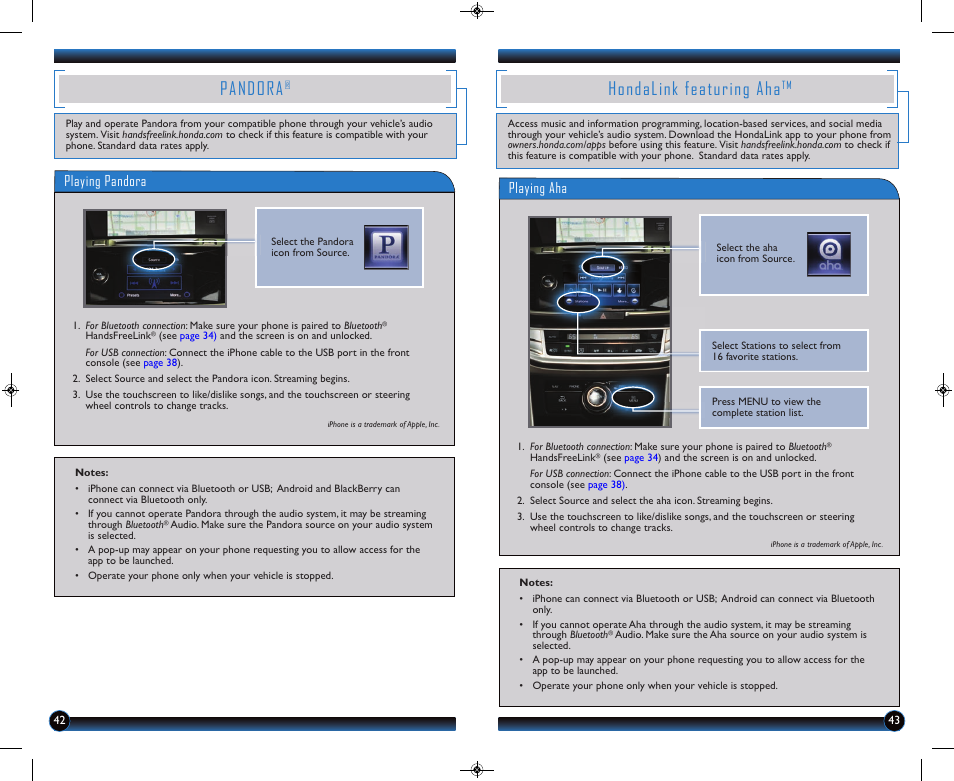 Pandora, Hondalink featuring aha, Playing pandora | Playing aha | HONDA 2014 Accord Hybrid (Touring) - Technology Reference Guide User Manual | Page 23 / 25