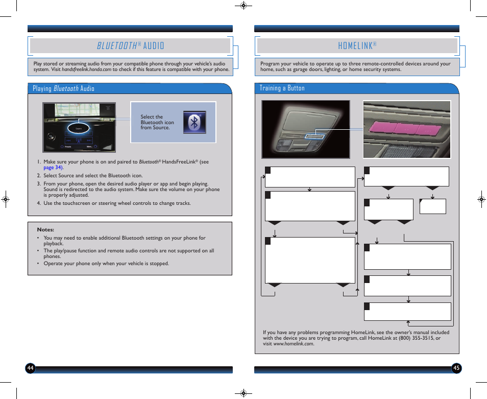 Bluetooth, Audio, Homelink | Playing bluetooth audio, Training a button | HONDA 2014 Accord Hybrid (Touring) - Technology Reference Guide User Manual | Page 24 / 25