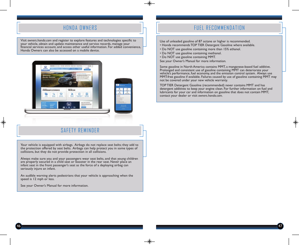 Fuel recommendation, Honda owners, Safety reminder | HONDA 2014 Accord Hybrid (Touring) - Technology Reference Guide User Manual | Page 25 / 25