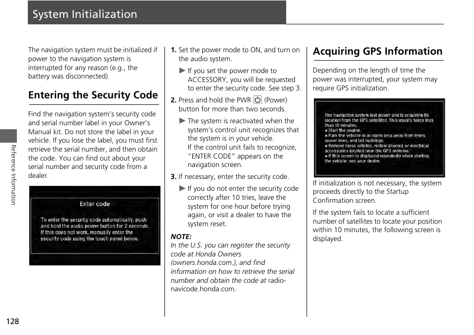 System initialization 128, System initialization, P. 128 | Entering the security code, Acquiring gps information | HONDA 2014 Accord Hybrid - Navigation Manual User Manual | Page 129 / 152