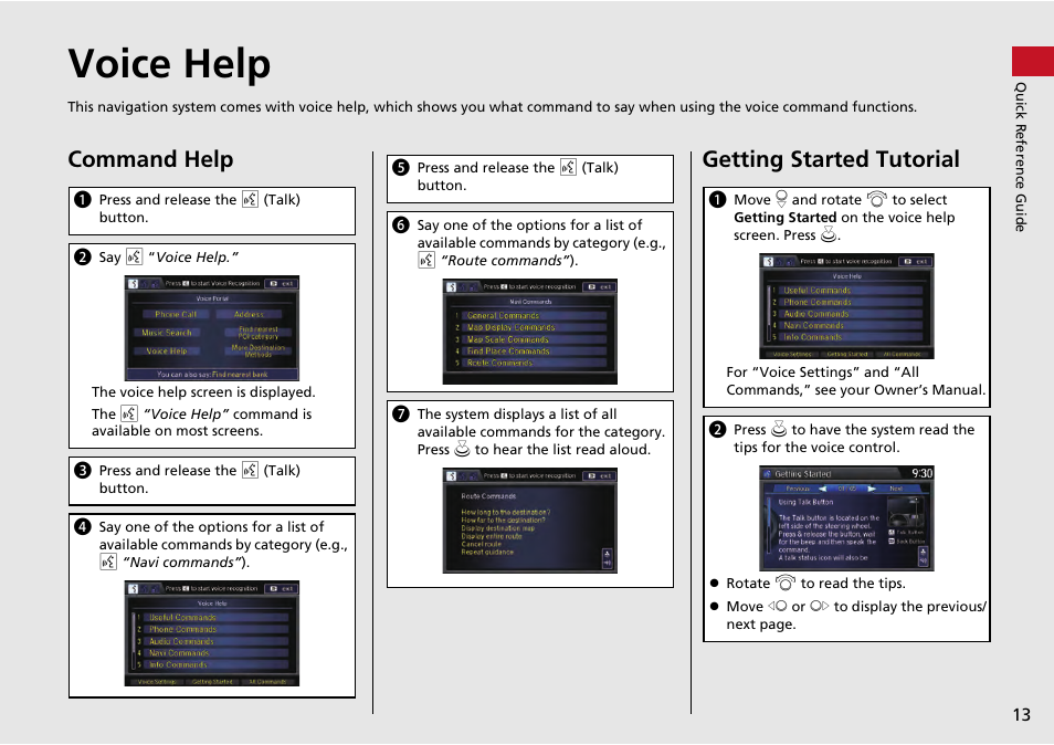Voice help, P13), Voice help (p13) | Command help, Getting started tutorial | HONDA 2014 Accord Hybrid - Navigation Manual User Manual | Page 14 / 152