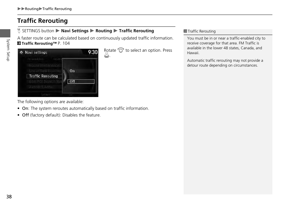 Traffic rerouting, 2 traffic rerouting, P. 38 | HONDA 2014 Accord Hybrid - Navigation Manual User Manual | Page 39 / 152