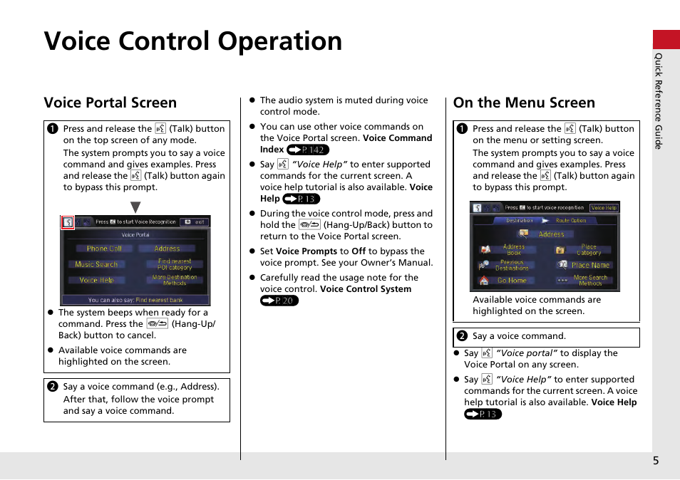 Voice control operation, Voice portal screen, On the menu screen | HONDA 2014 Accord Hybrid - Navigation Manual User Manual | Page 6 / 152