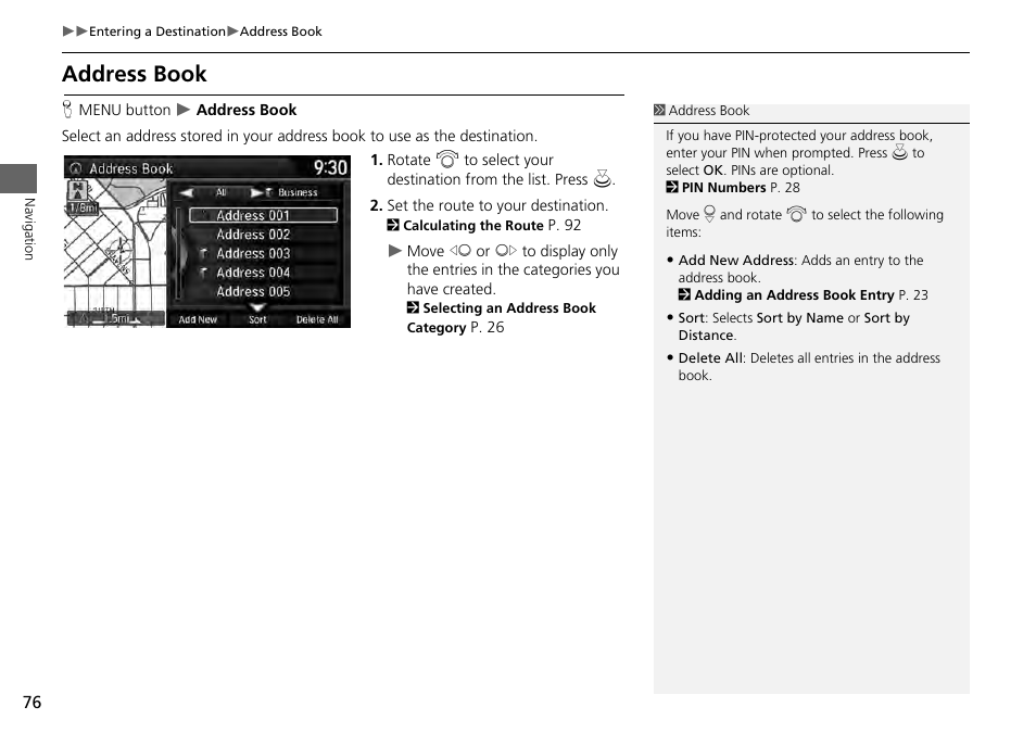 Address book, 2 address book, P. 76 | HONDA 2014 Accord Hybrid - Navigation Manual User Manual | Page 77 / 152