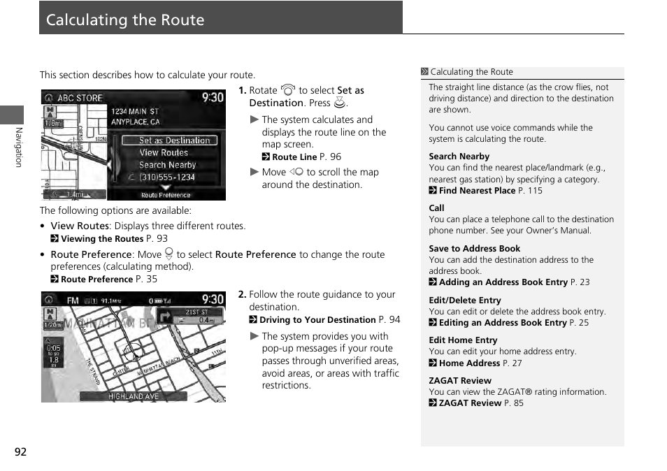 Calculating the route 92, Calculating the route, 2 calculating the route | P. 92 | HONDA 2014 Accord Hybrid - Navigation Manual User Manual | Page 93 / 152