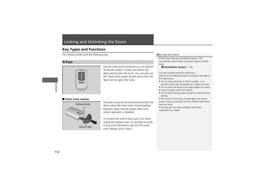 Locking and unlocking the doors, Key types and functions | HONDA 2014 Accord Hybrid - Owner's Manual User Manual | Page 114 / 561