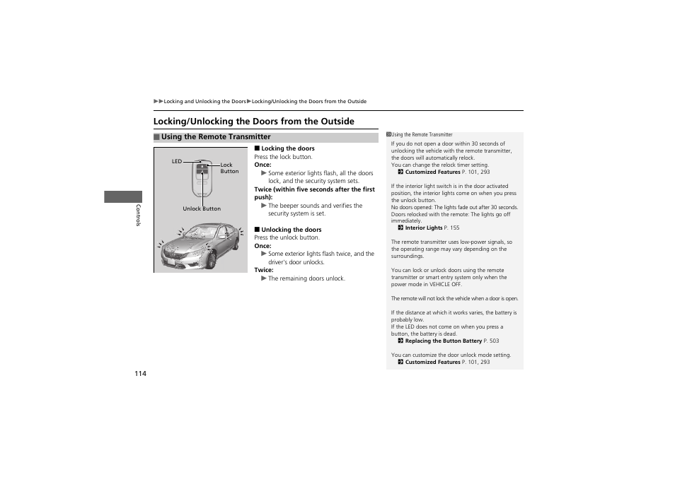 Locking/unlocking the doors from the outside | HONDA 2014 Accord Hybrid - Owner's Manual User Manual | Page 116 / 561