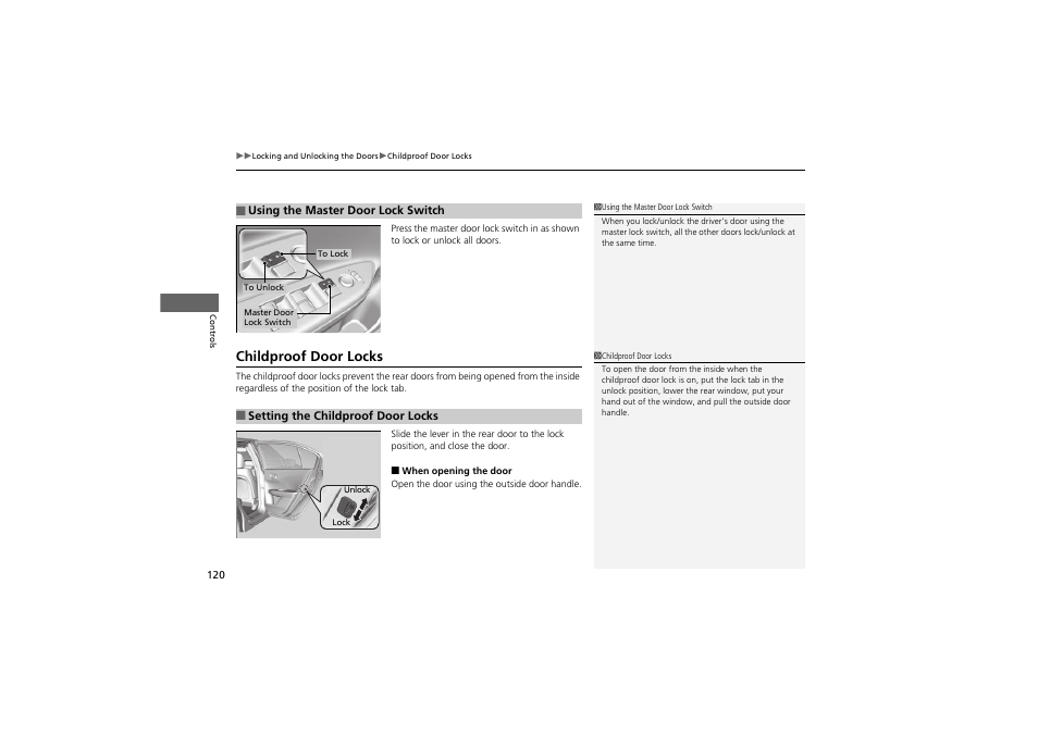 Childproof door locks | HONDA 2014 Accord Hybrid - Owner's Manual User Manual | Page 122 / 561