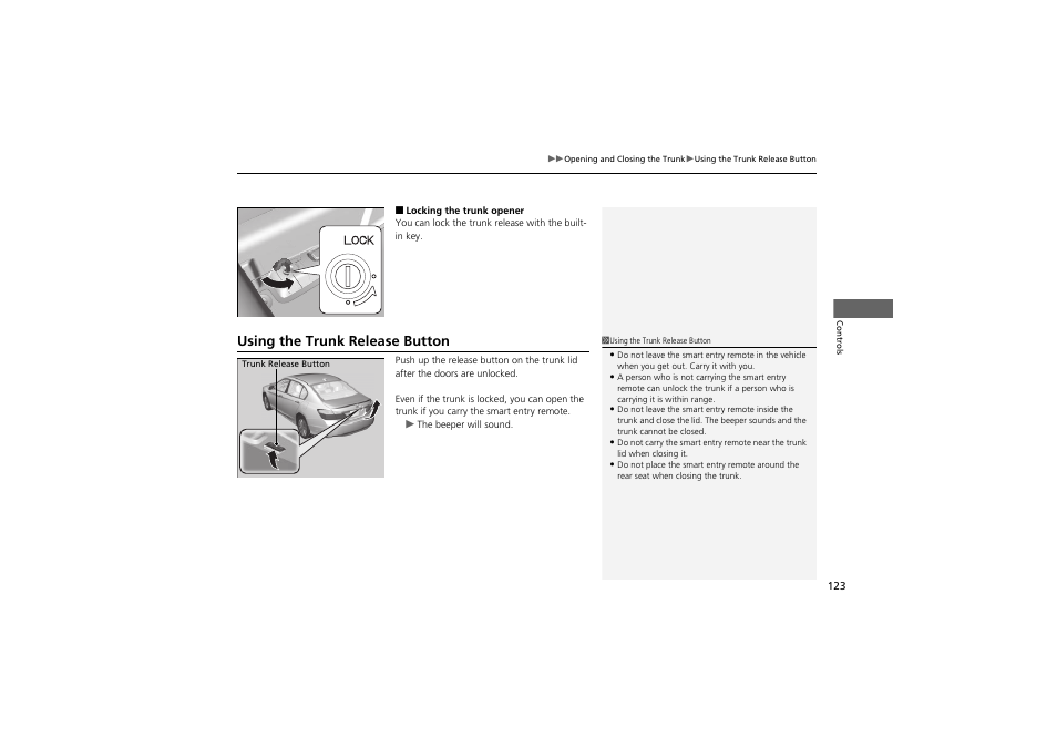 Using the trunk release button | HONDA 2014 Accord Hybrid - Owner's Manual User Manual | Page 125 / 561
