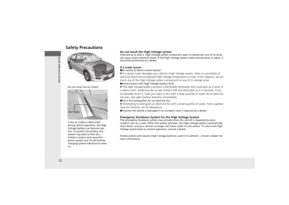 Safety precautions | HONDA 2014 Accord Hybrid - Owner's Manual User Manual | Page 14 / 561