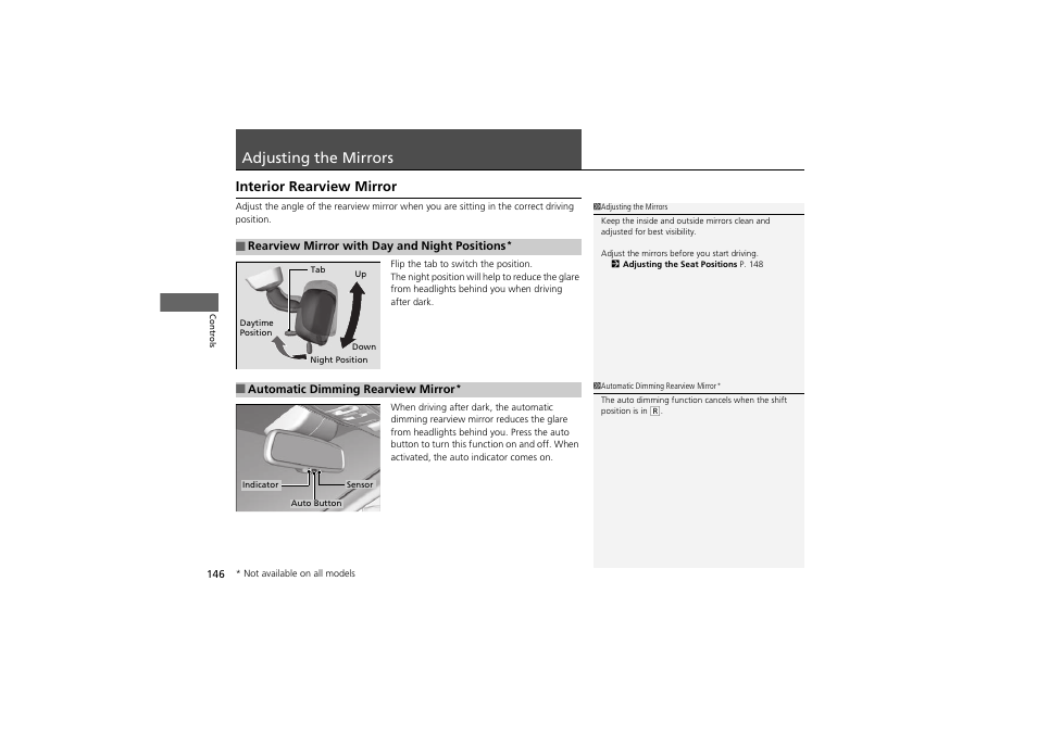 Adjusting the mirrors, Interior rearview mirror | HONDA 2014 Accord Hybrid - Owner's Manual User Manual | Page 148 / 561
