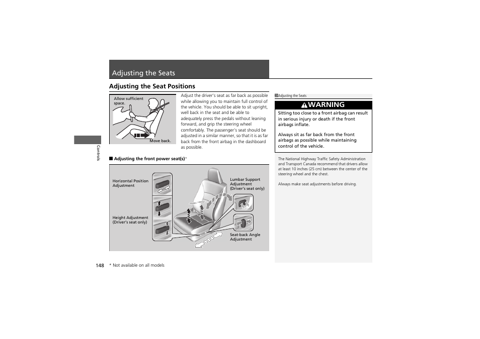 Adjusting the seats, Warning, Adjusting the seat positions | HONDA 2014 Accord Hybrid - Owner's Manual User Manual | Page 150 / 561