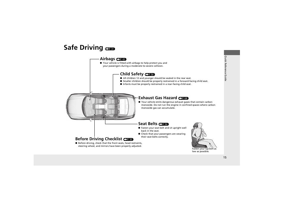Safe driving, Airbags, Child safety | Exhaust gas hazard, Before driving checklist, Seat belts | HONDA 2014 Accord Hybrid - Owner's Manual User Manual | Page 17 / 561