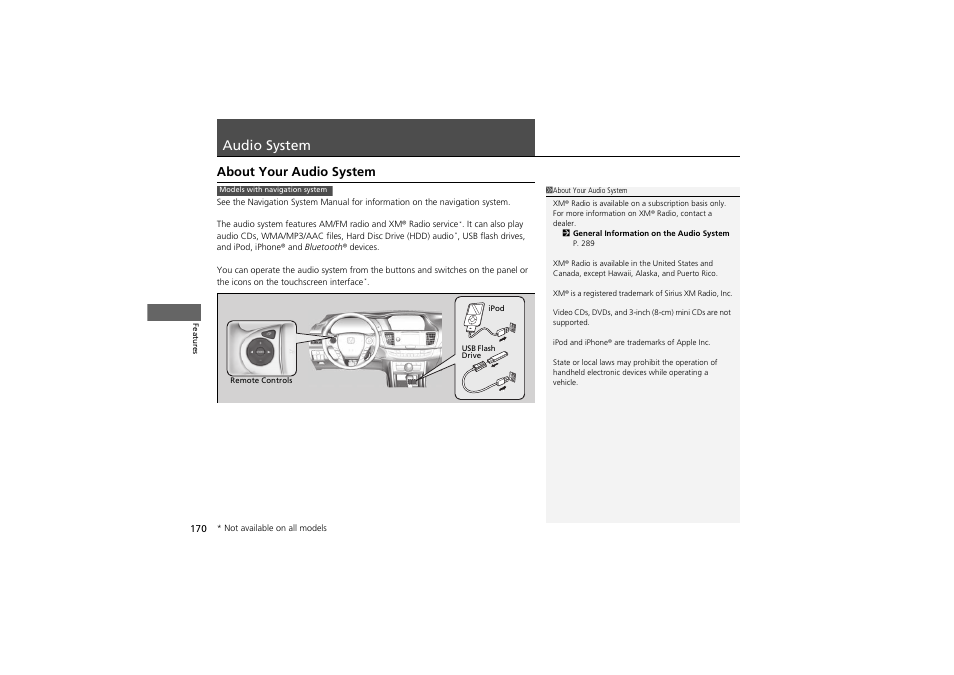 Audio system, About your audio system | HONDA 2014 Accord Hybrid - Owner's Manual User Manual | Page 172 / 561