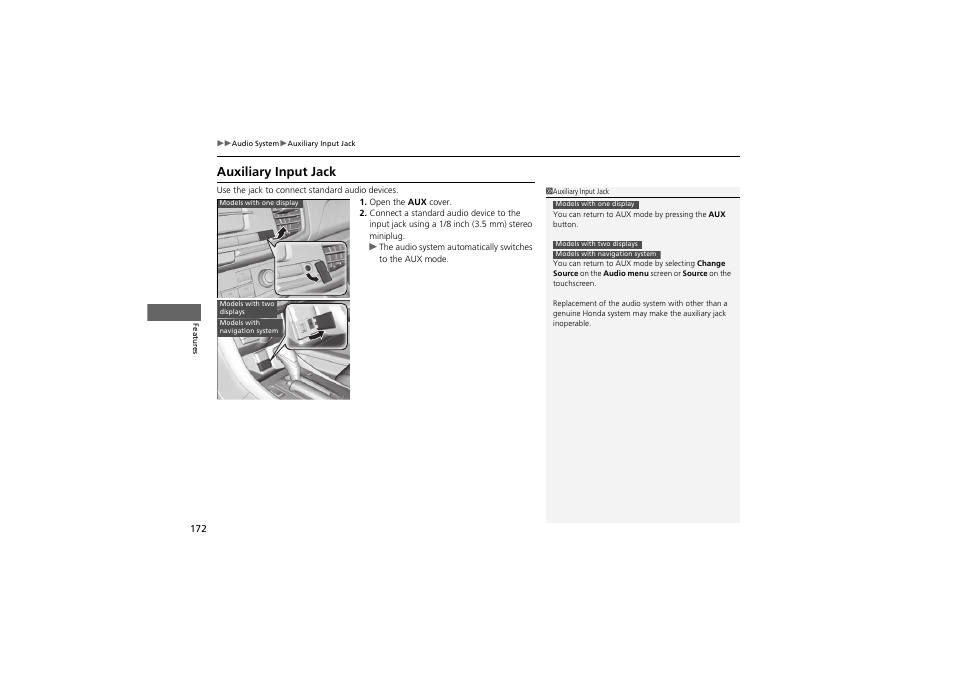 Auxiliary input jack | HONDA 2014 Accord Hybrid - Owner's Manual User Manual | Page 174 / 561