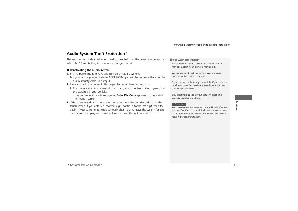 Audio system theft protection | HONDA 2014 Accord Hybrid - Owner's Manual User Manual | Page 175 / 561