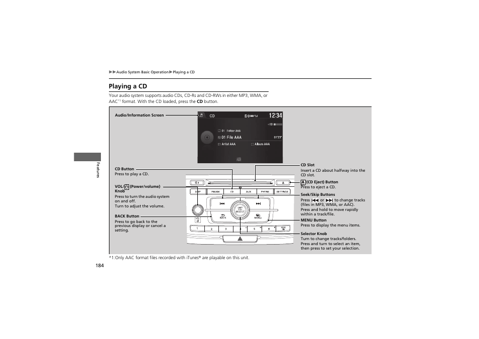 Playing a cd | HONDA 2014 Accord Hybrid - Owner's Manual User Manual | Page 186 / 561