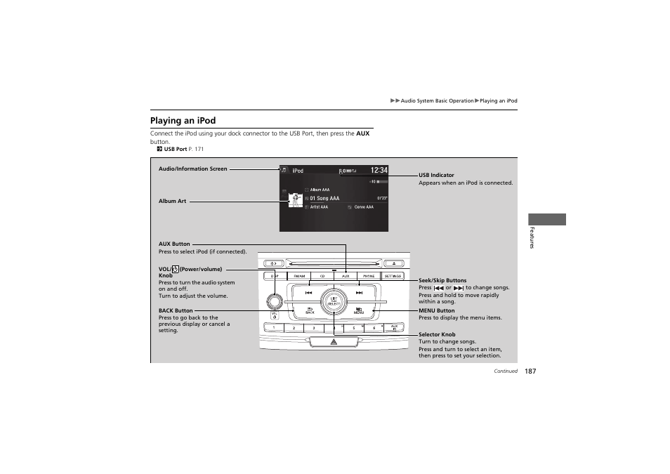 Playing an ipod | HONDA 2014 Accord Hybrid - Owner's Manual User Manual | Page 189 / 561